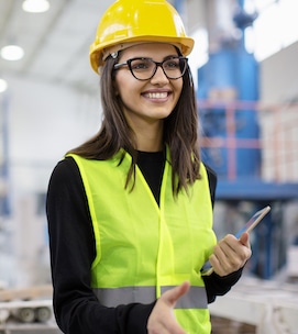 Beautiful girl at factory in a vest and helmet smiling going for a handshake. Shallow DOF. Developed from RAW; retouched with special care and attention; Small amount of grain added for best final impression. 16 bit Adobe RGB color profile.
